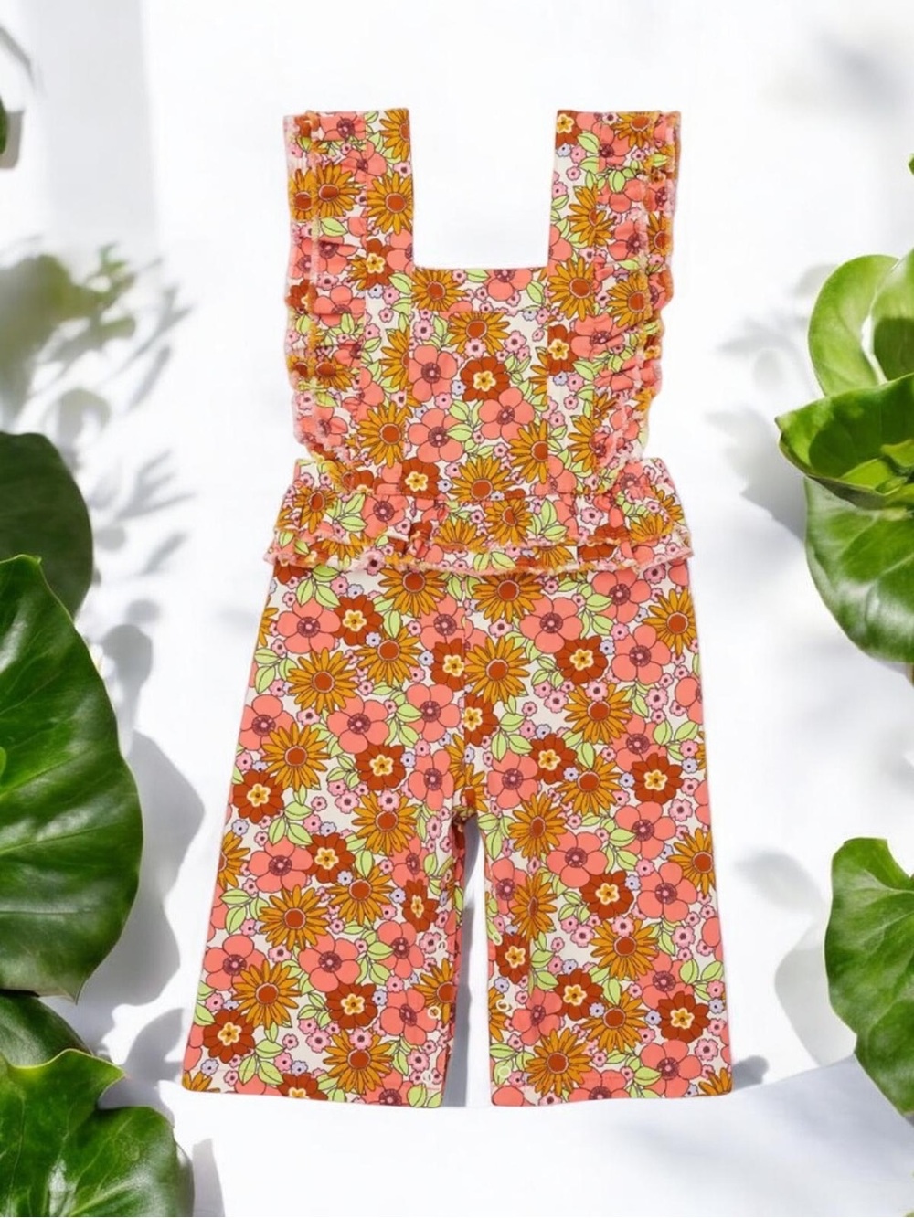 ✨ Wonder Nation Toddler Girls Sleeveless Ruffled Floral Print Denim Romper